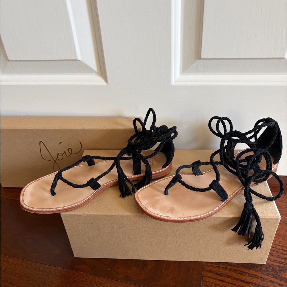 Joie Black Suede Lace-Up Tassel Gladiator Sandals